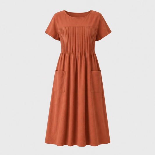 Solenne™ – Pleated Cotton-Linen Dress with Pockets + 50% OFF
