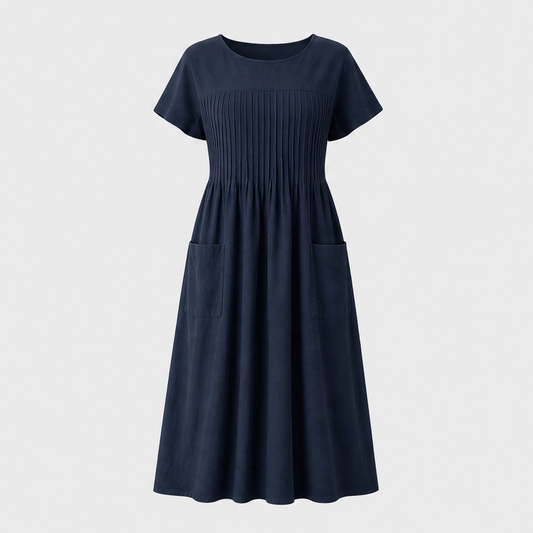 Solenne™ – Pleated Cotton-Linen Dress with Pockets + 50% OFF