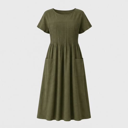 Solenne™ – Pleated Cotton-Linen Dress with Pockets + 50% OFF