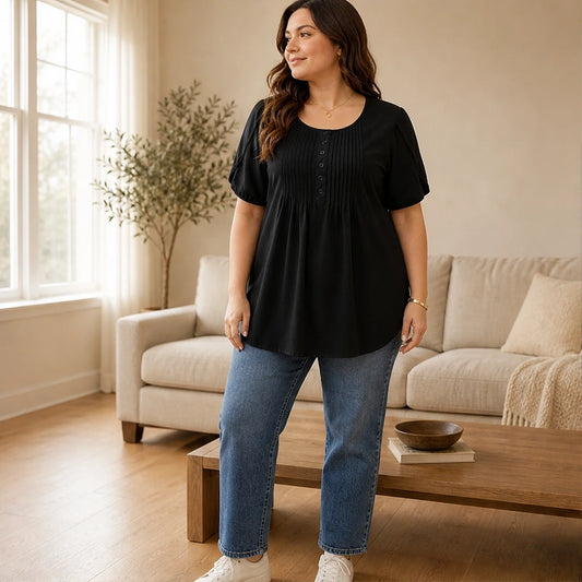 Sable™ – Pleated Front Puff Sleeve Soft Drape Top + 50% OFF