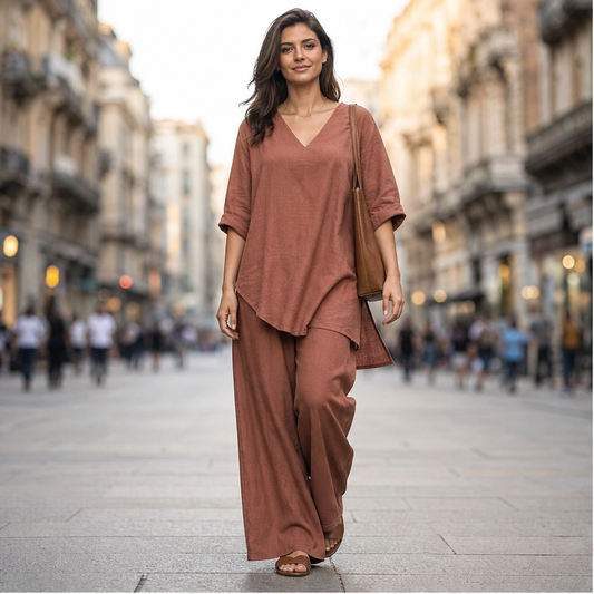 Drapelle™ – Breathable Cotton-Linen V-Neck Tunic & Wide-Leg Trouser Set + 50% OFF