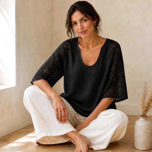 Brisa™ – Lace Openwork U-Neck Short-Sleeve Blouse + 50% OFF