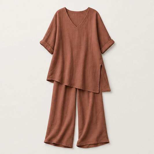 Drapelle™ – Breathable Cotton-Linen V-Neck Tunic & Wide-Leg Trouser Set + 50% OFF