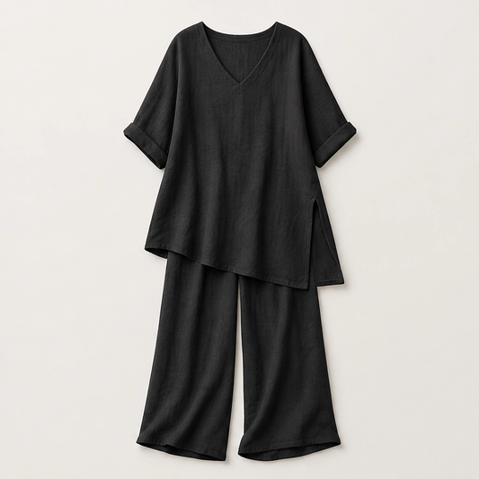 Drapelle™ – Breathable Cotton-Linen V-Neck Tunic & Wide-Leg Trouser Set + 50% OFF