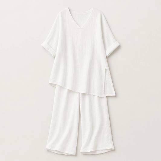 Drapelle™ – Breathable Cotton-Linen V-Neck Tunic & Wide-Leg Trouser Set + 50% OFF