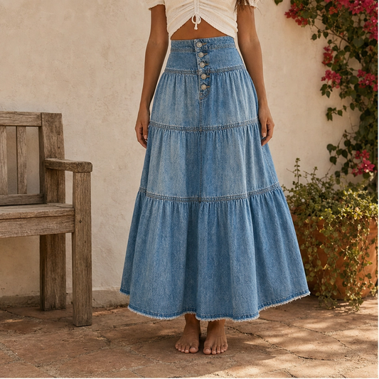 Verena™ – High-Waisted Tiered A-Line Denim Maxi Skirt + 50% OFF