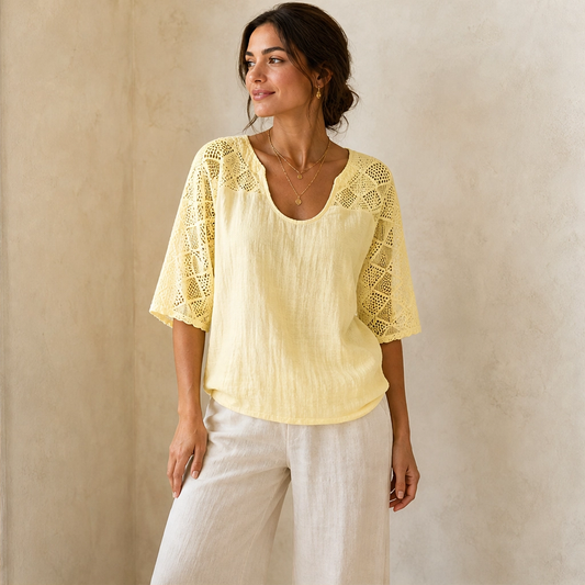 Brisa™ – Lace Openwork U-Neck Short-Sleeve Blouse + 50% OFF