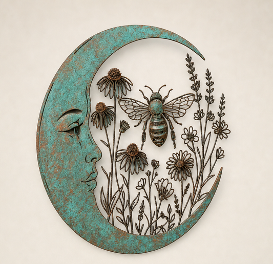 Moonpatina – Hand-Finished Crescent Moon & Bee Outdoor Wall Art + 50% OFF Patina Teal