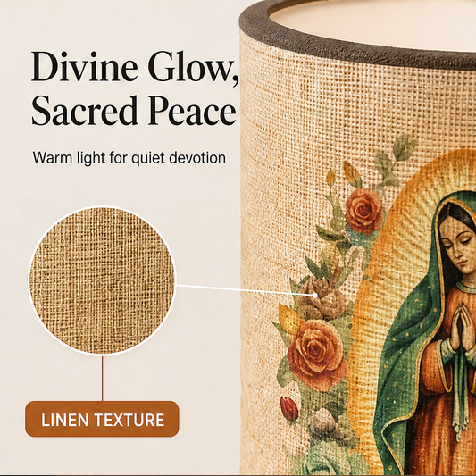 Sacrelume – Virgin Mary Linen Shade Wooden Table Lamp + 50% OFF features