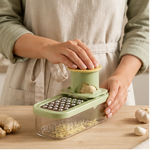 Slicewell – 3-in-1 Stainless Steel Mandoline Slicer with Catch Container lifestyle