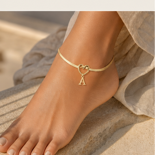 Amberwick – Personalised Heart-Link Initial Anklet with Snake Chain features