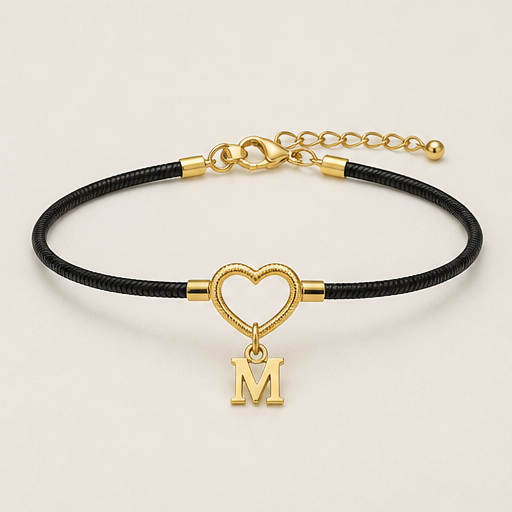 Amberwick – Personalised Heart-Link Initial Anklet with Snake Chain Black