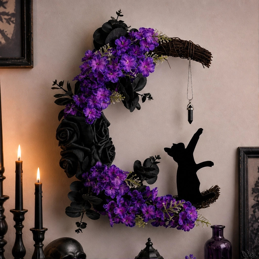 Briarmoon – Black Cat Crescent Moon Wreath with Purple Florals & Crystal Charm + 50% OFF