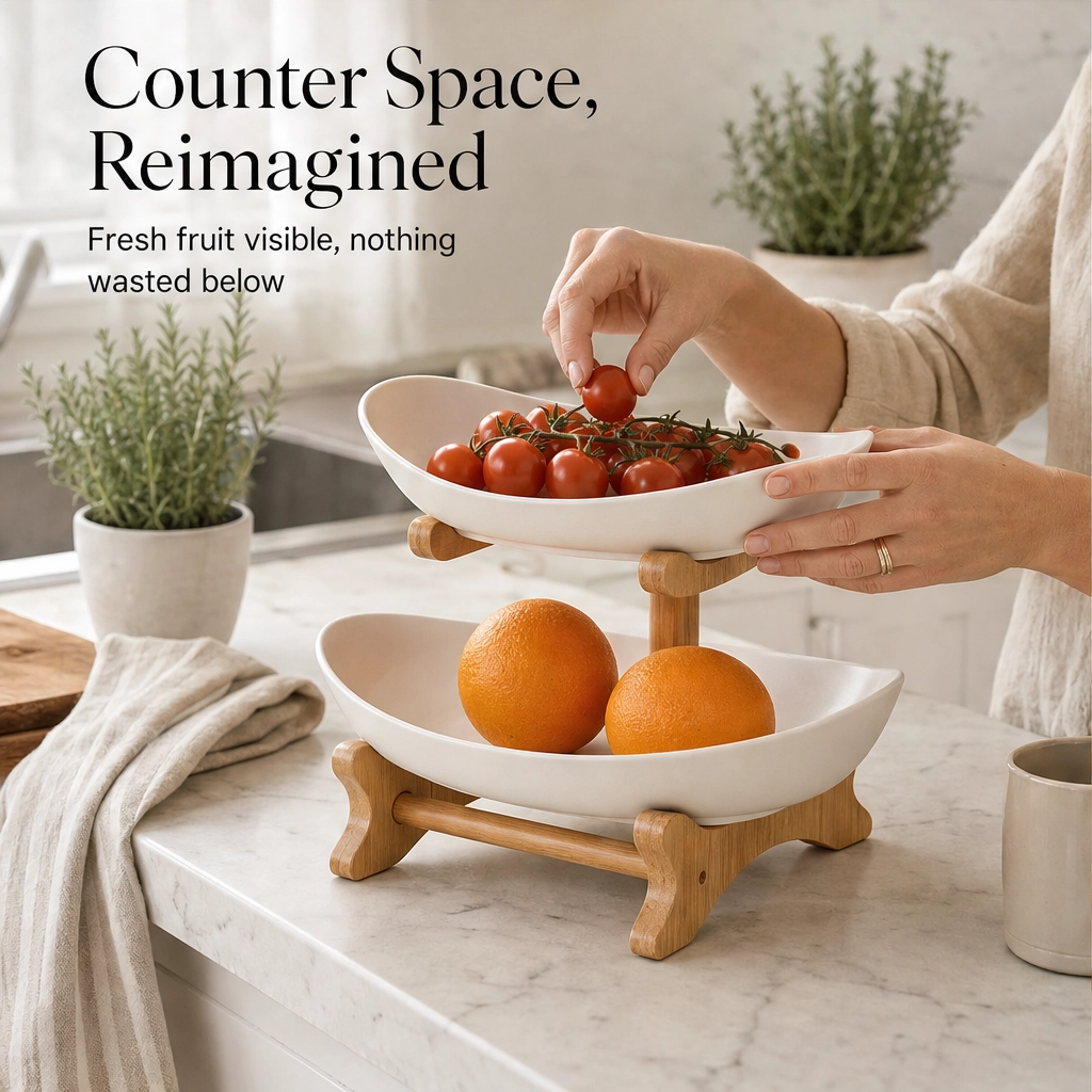 Grovely™ – Stackable Bamboo Multi-Tier Fruit Basket & Countertop Organizer + 50% OFF