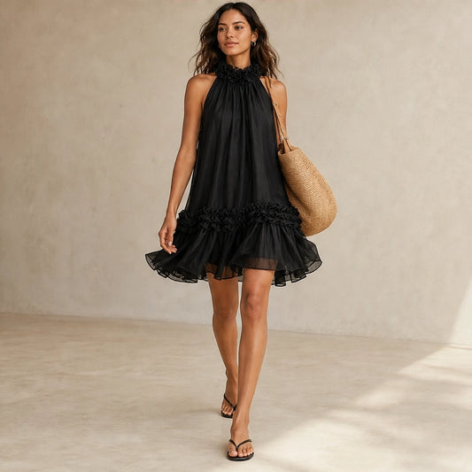 Soirelle™ – Ruffle-Neck Chiffon Sleeveless Mini Dress + 50% OFF