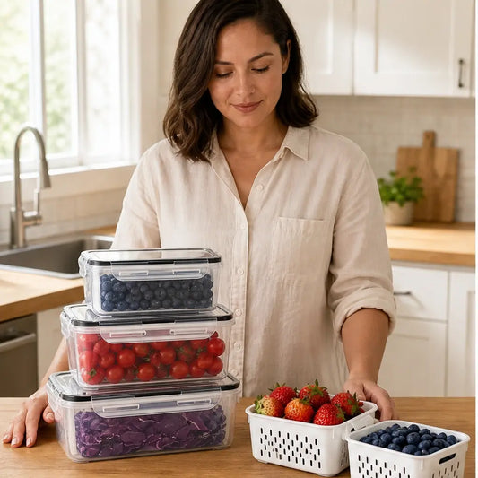 CrispHaven – Stackable Fridge Organizer Set with Drain Colander & Airtight Lids (5-Pack) + 50% OFF