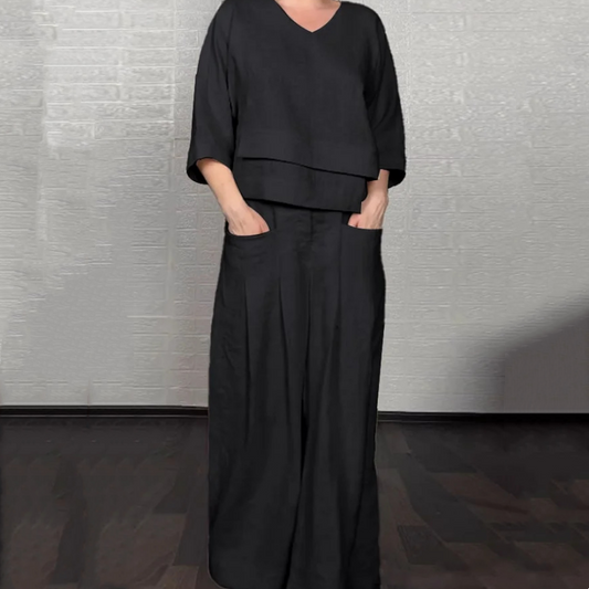 Willowmere™ – Asymmetric Cotton-Linen V-Neck Top & Wide-Leg Trouser Set + 50% OFF