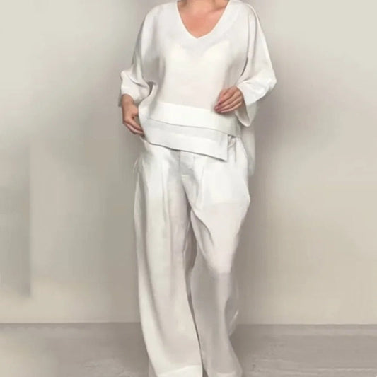 Willowmere™ – Asymmetric Cotton-Linen V-Neck Top & Wide-Leg Trouser Set + 50% OFF