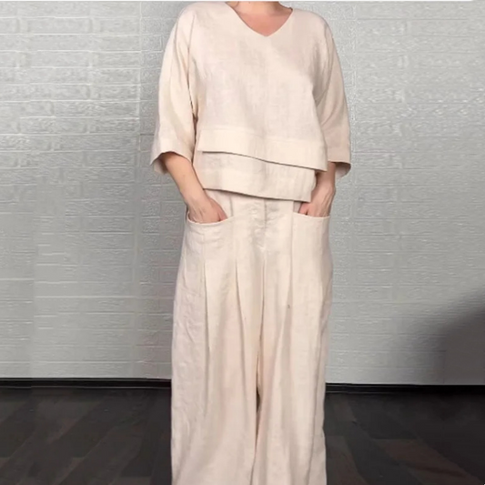 Willowmere™ – Asymmetric Cotton-Linen V-Neck Top & Wide-Leg Trouser Set + 50% OFF