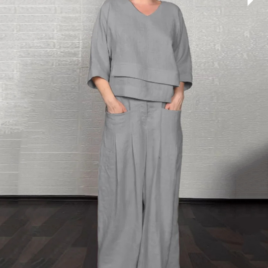 Willowmere™ – Asymmetric Cotton-Linen V-Neck Top & Wide-Leg Trouser Set + 50% OFF