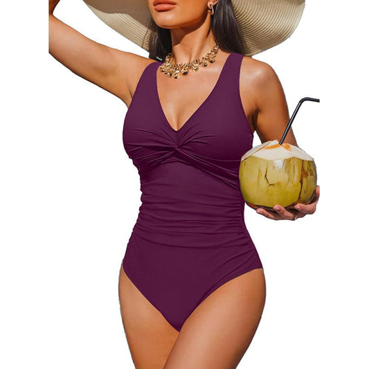 Marésa™ – Tummy-Control One-Piece Swimsuit with Ruched Panel & V-Neck + 50% OFF