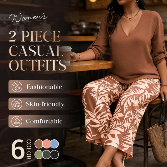 Vinella™ – Elegant V-Neck Top & Leaf-Print Wide-Leg Pants Set + 50% OFF