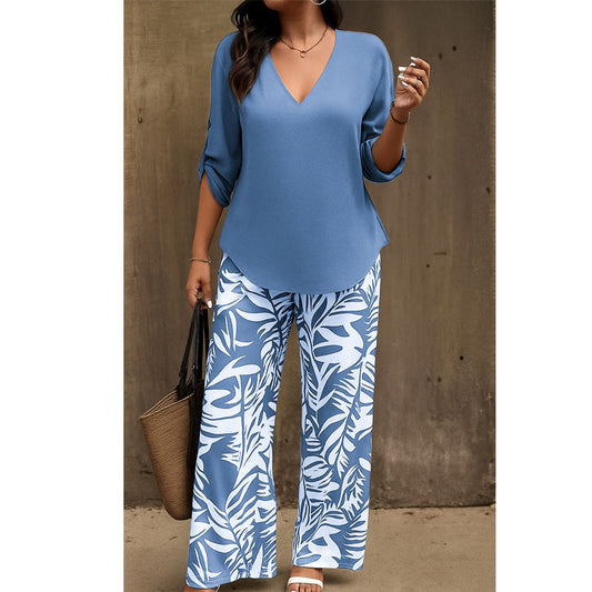 Vinella™ – Elegant V-Neck Top & Leaf-Print Wide-Leg Pants Set + 50% OFF