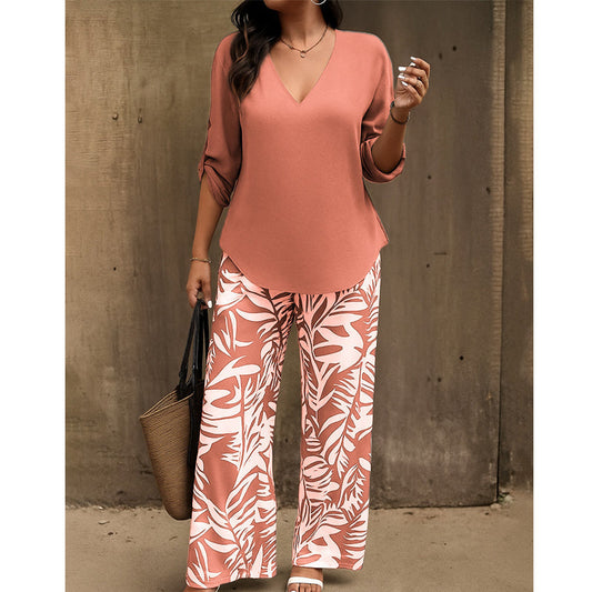 Vinella™ – Elegant V-Neck Top & Leaf-Print Wide-Leg Pants Set + 50% OFF