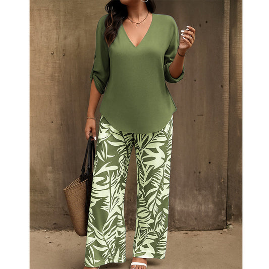 Vinella™ – Elegant V-Neck Top & Leaf-Print Wide-Leg Pants Set + 50% OFF