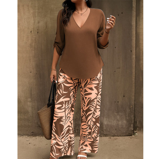 Vinella™ – Elegant V-Neck Top & Leaf-Print Wide-Leg Pants Set + 50% OFF