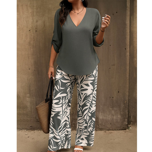 Vinella™ – Elegant V-Neck Top & Leaf-Print Wide-Leg Pants Set + 50% OFF