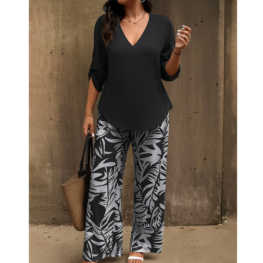 Vinella™ – Elegant V-Neck Top & Leaf-Print Wide-Leg Pants Set + 50% OFF