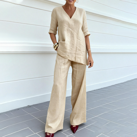 Linelle™ – Breathable Cotton-Linen V-Neck Tunic & Wide-Leg Pant Set + 50% OFF
