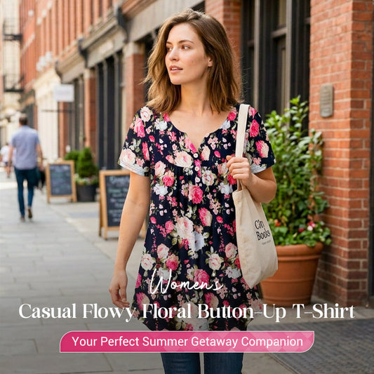 Willowmere™ – Flowy Floral Button-Up Short-Sleeve Tee + 50% OFF